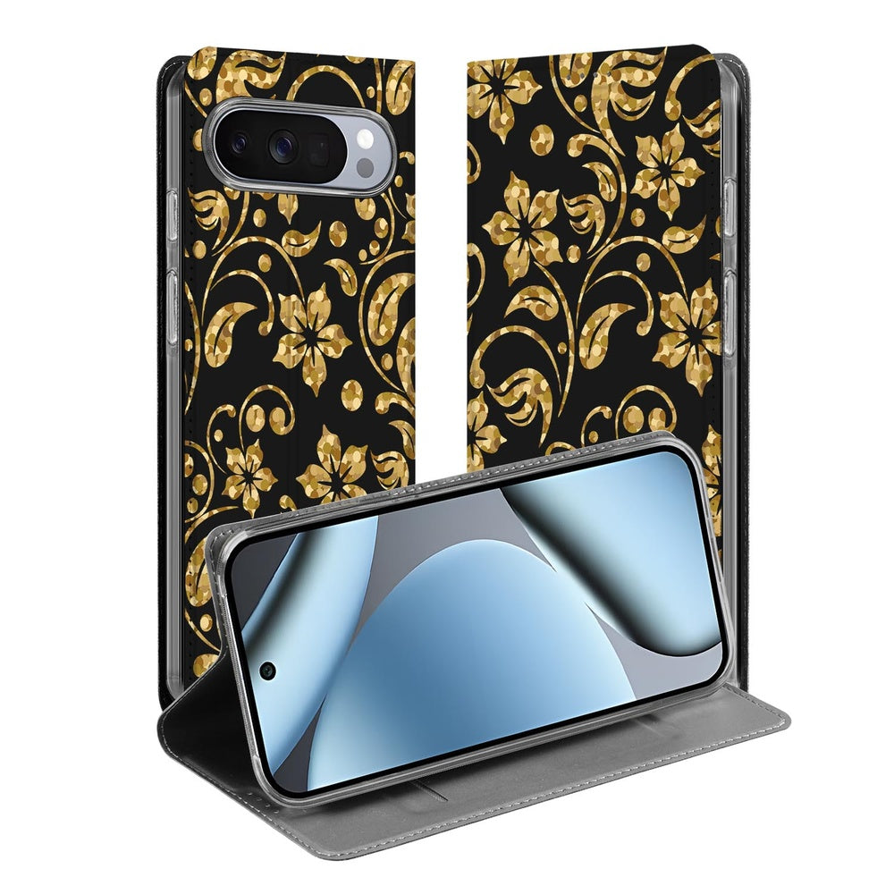 Google Pixel 10 Pro Bookcase Gouden Bloemen smartphone hoes vooraanzicht