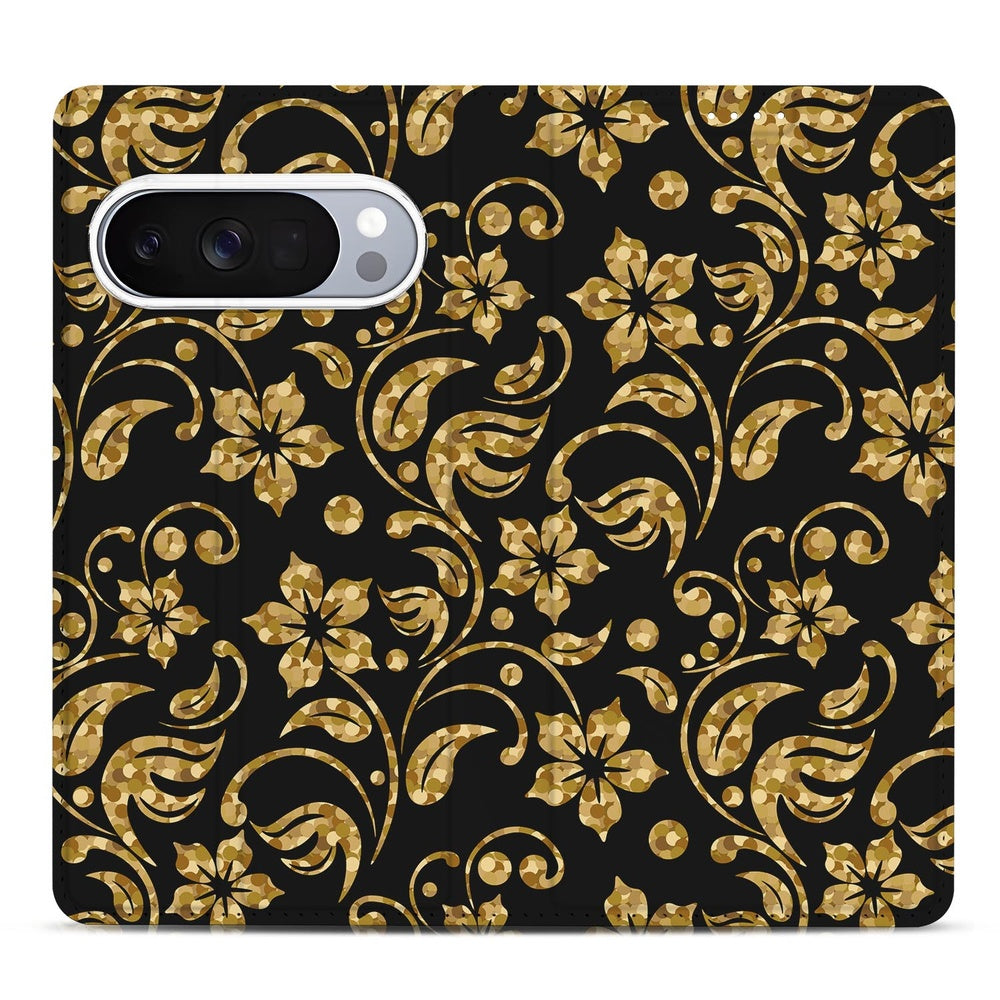 Google Pixel 10 Pro Bookcase Gouden Bloemen achterkant zwart goud bloemen