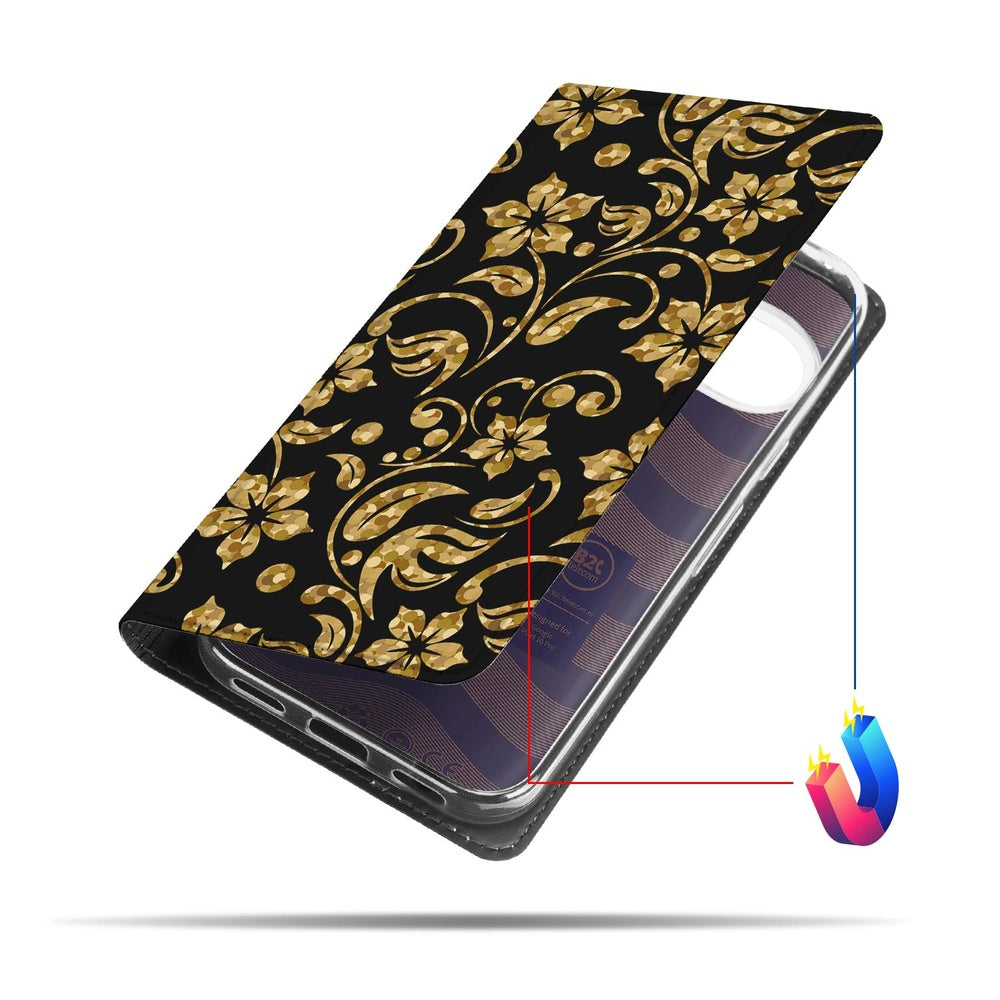 Google Pixel 10 Pro Bookcase Gouden Bloemen zijaanzicht zwart gouden bloemenmotief