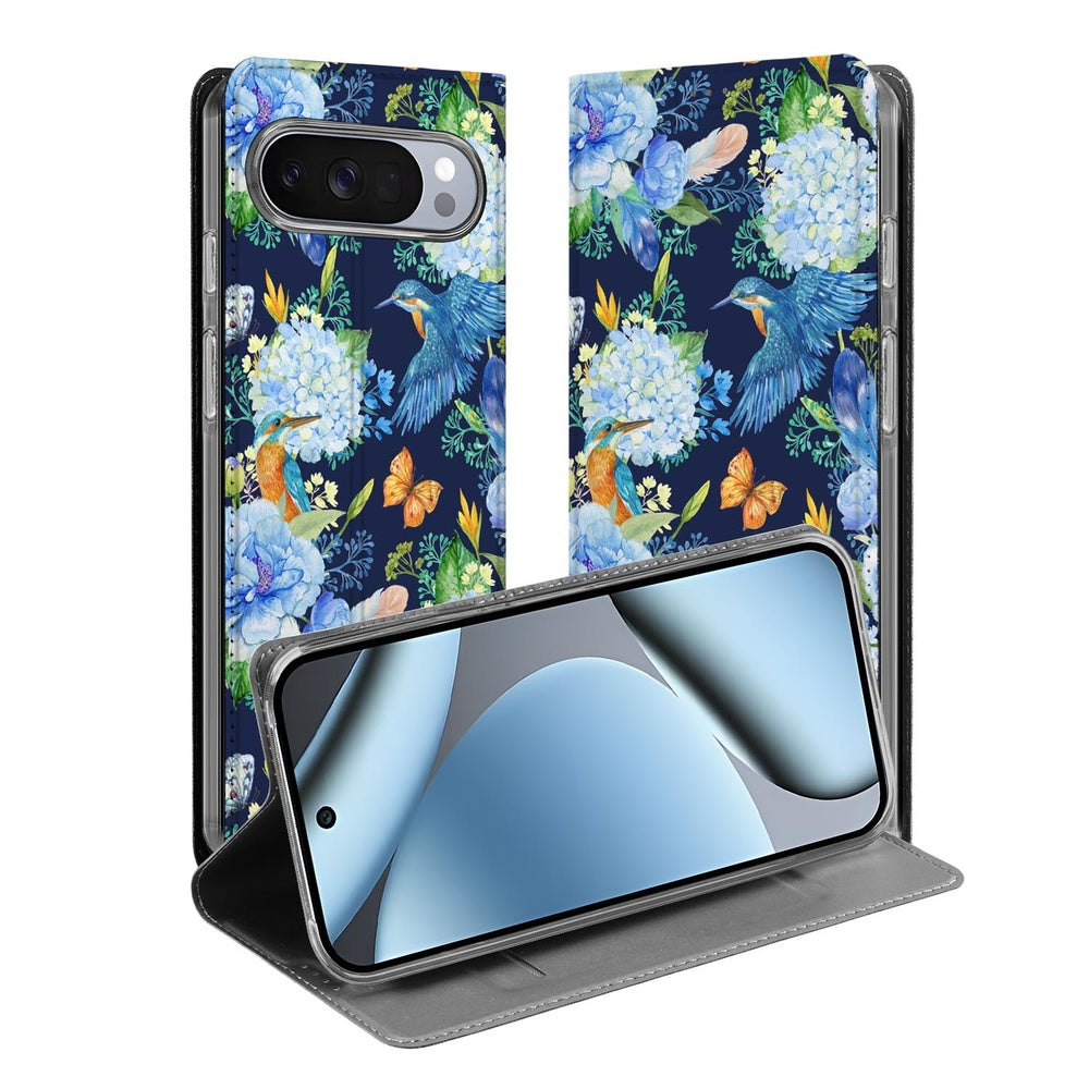 Telefoonhoesje Google Pixel 10 | Pixel 10 Pro IJsvogel hoesje open design bloemen ijsvogel aanzicht