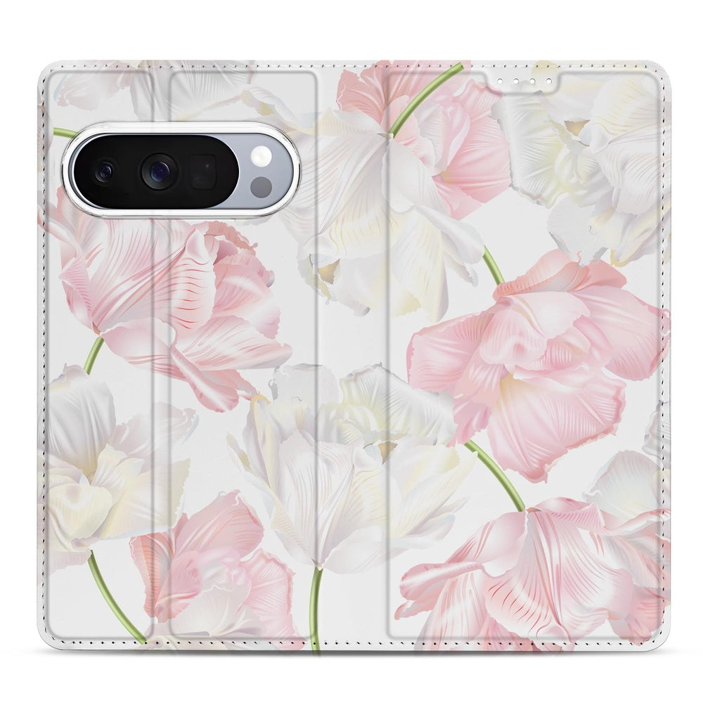 Google Pixel 10 Pro Book Wallet Case Lovely Flowers voorkant roze witte bloemen