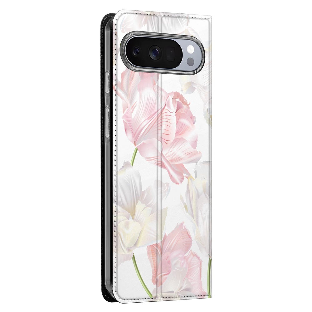 Google Pixel 10 Pro Book Wallet Case Lovely Flowers zijaanzicht roze witte bloemen