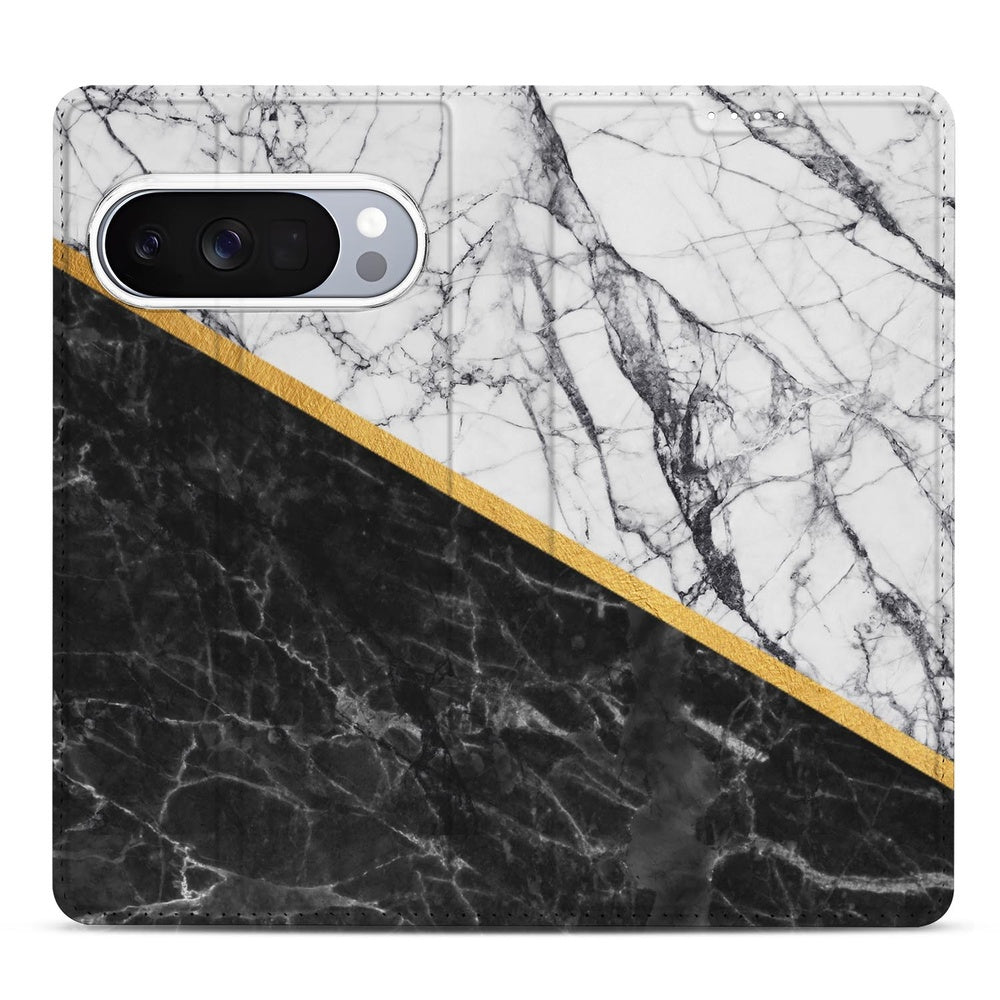 Google Pixel 10 Pro Book Case Marble White Black zwart wit patroon met gouden accent