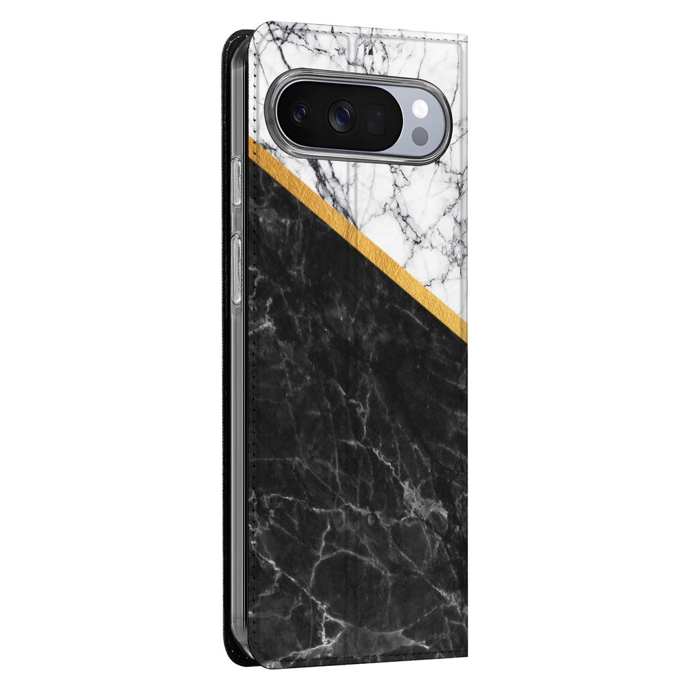 Google Pixel 10 Pro Book Case Marble White Black diagonale gouden accent