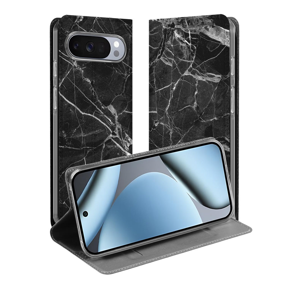 Bookcase Wallet Case Google Pixel 10 | Pixel 10 Pro Marmer Zwart zwart marmer design voorzijde zijaanzicht