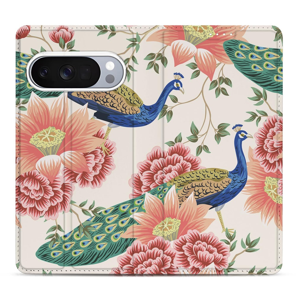 Bookcase Google Pixel 10 | Pixel 10 Pro Pink Peacock designhoes voorkant bloemen pauwenveren