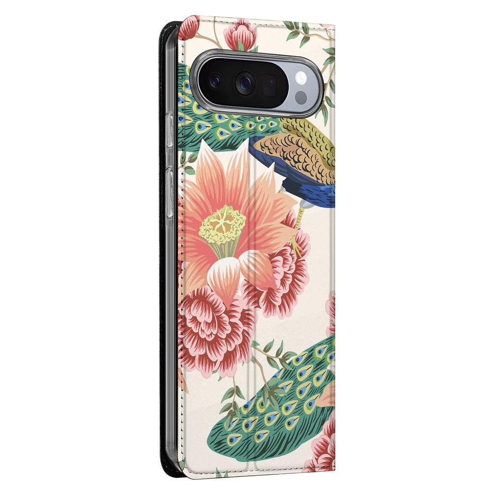 Bookcase Google Pixel 10 | Pixel 10 Pro Pink Peacock hoes design roze pauwenveren bloemmotieven zijkant