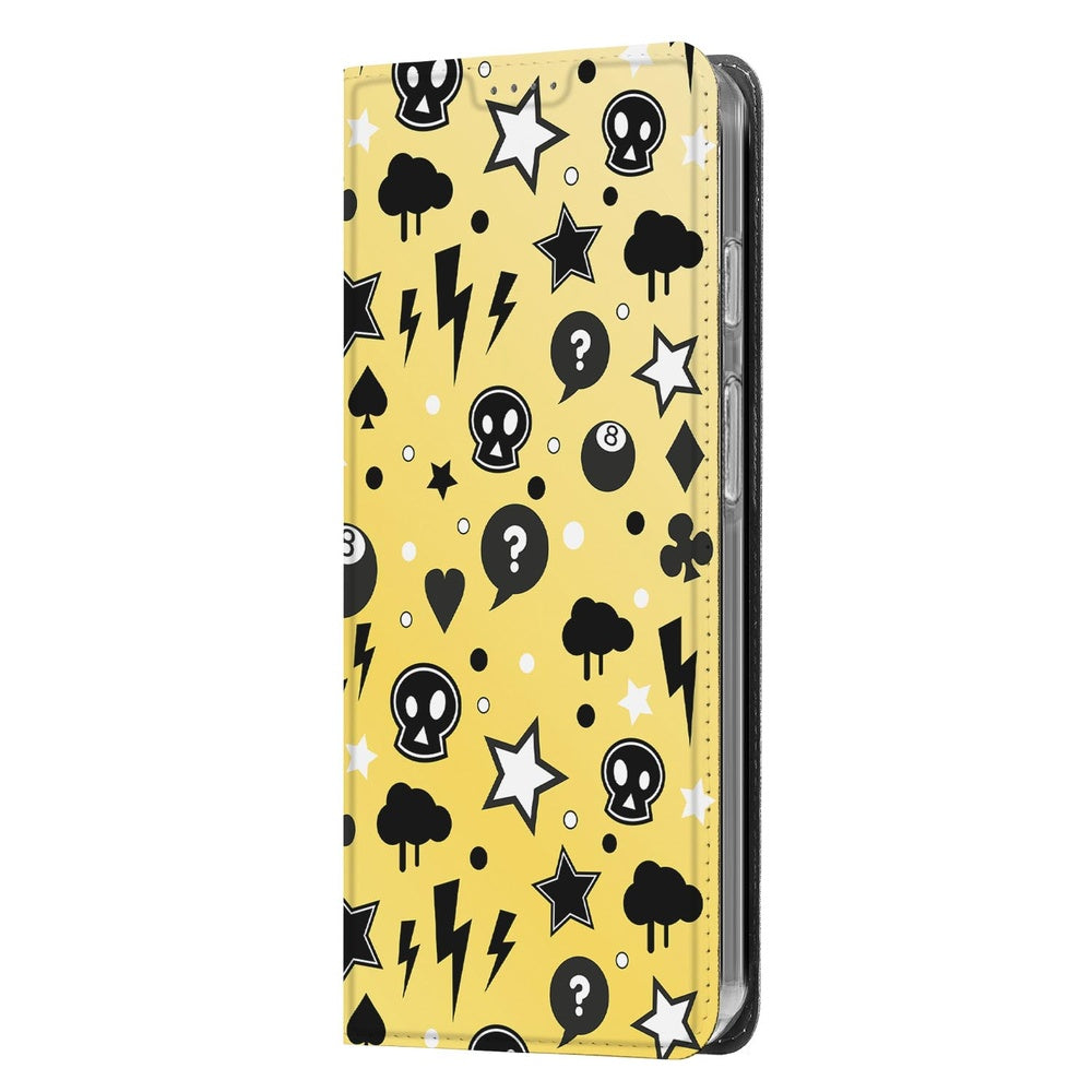Book Case Google Pixel 10 Pro Punk Yellow design skulls sterren zwart geel aanzicht