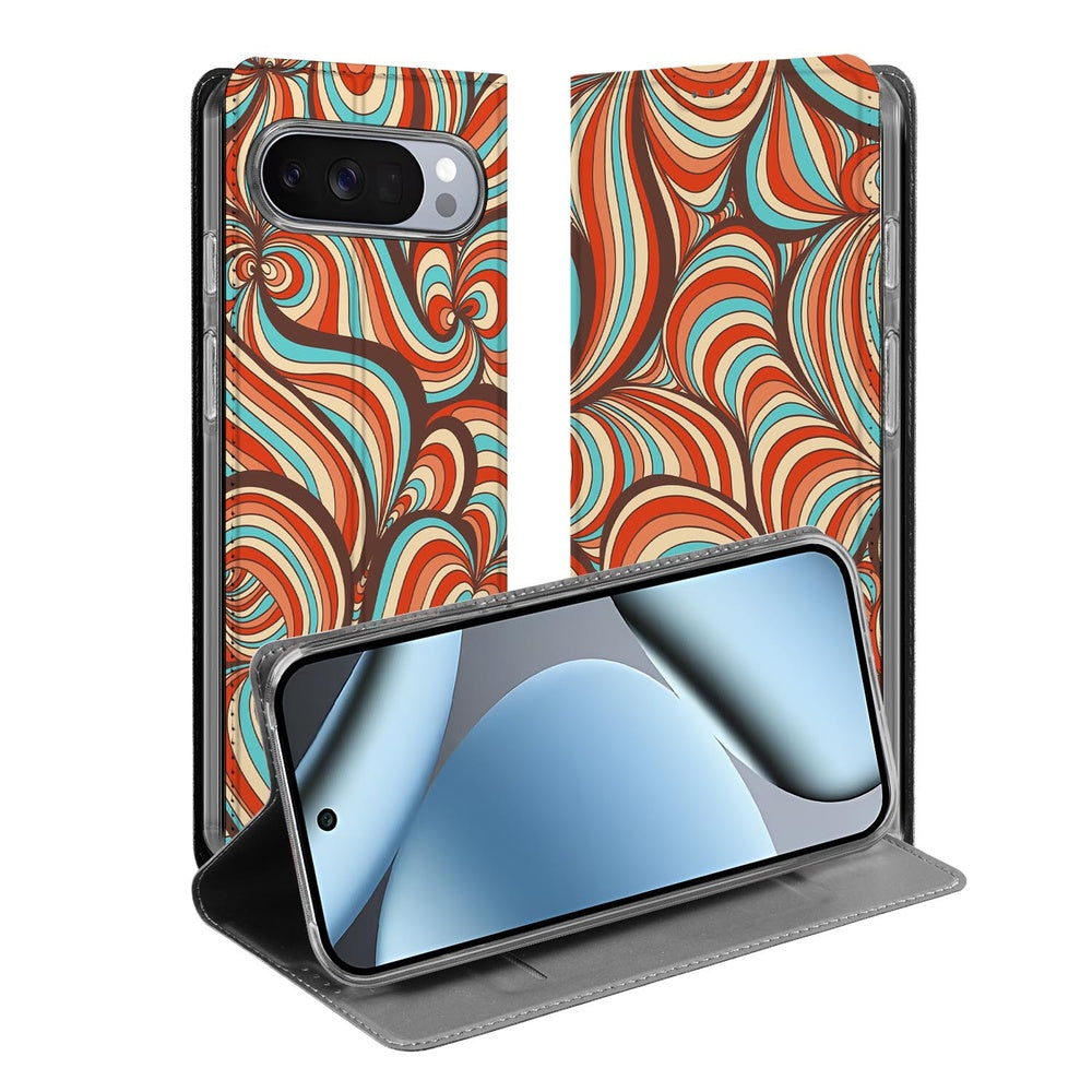 Bookcase Google Pixel 10 | Pixel 10 Pro Retro hoesje swirl-prints oranje aquatinten aanzicht