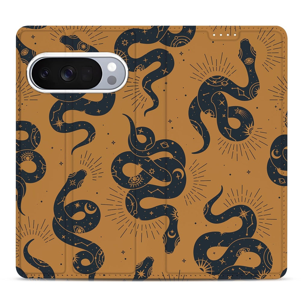 Telefoonhoesje Google Pixel 10 | Pixel 10 Pro Snakes slangenmotief terracotta donkerblauw voorkant