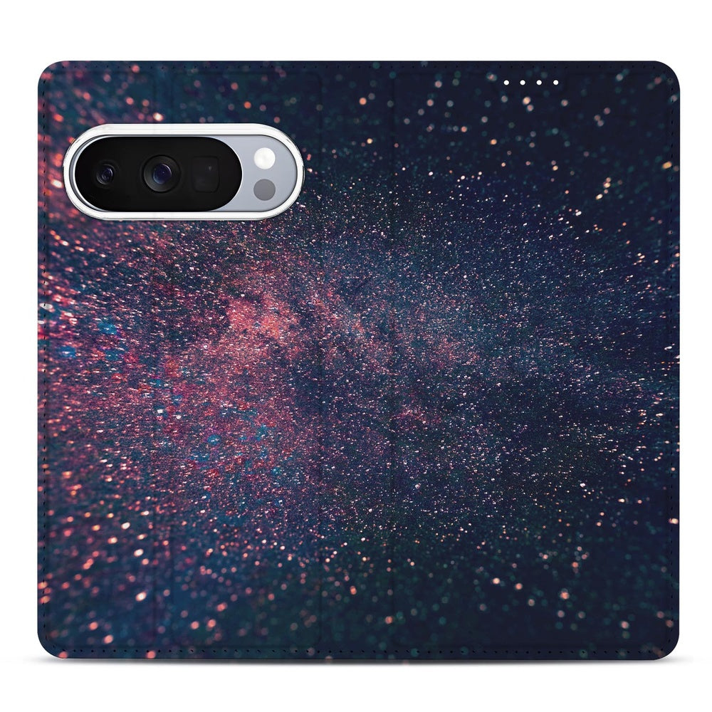 Book Wallet Case Google Pixel 10 Pro Stars design kosmisch paars diepblauw aanzicht