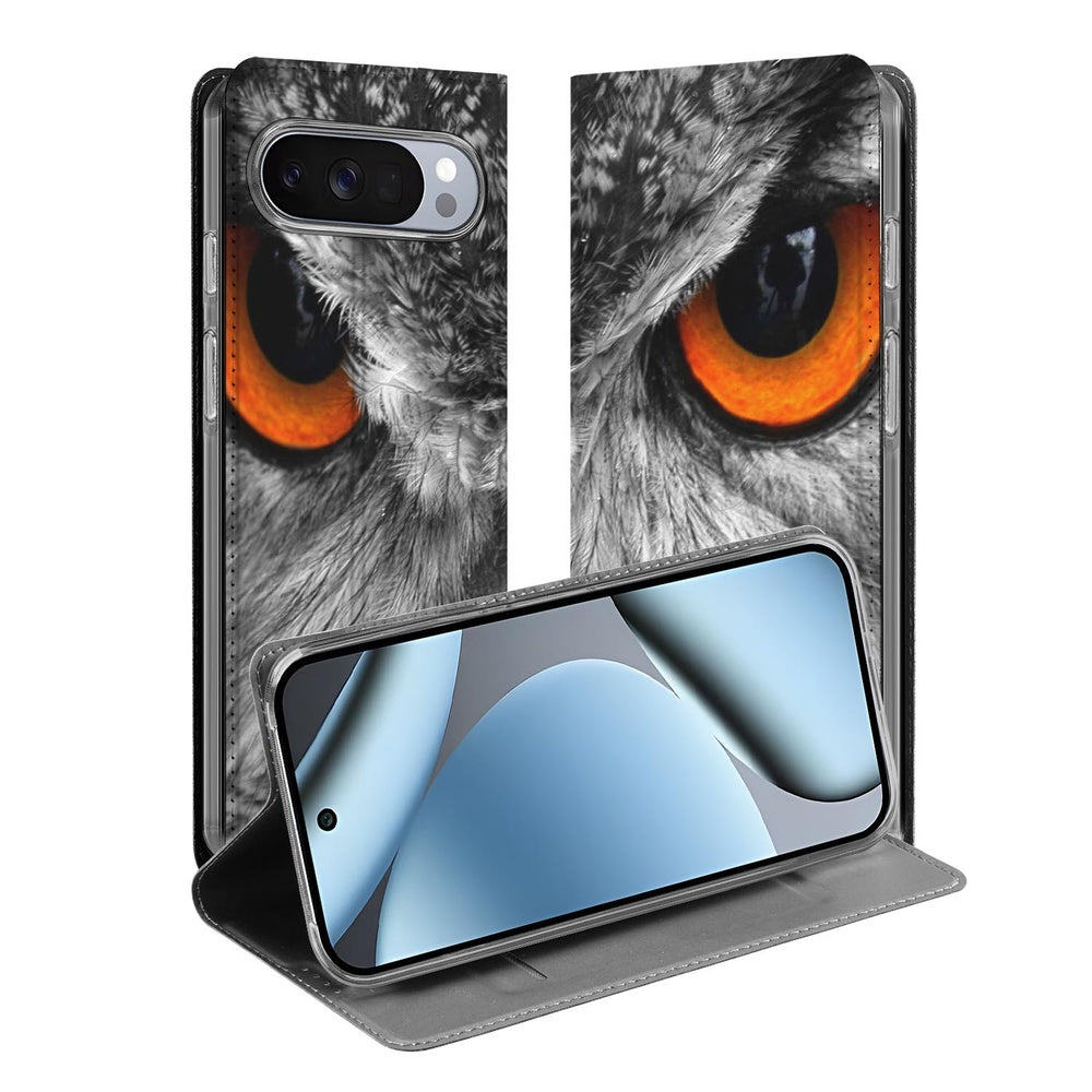Book Wallet Case Google Pixel 10 | Pixel 10 Pro Uil uilprint oranje ogen design open vooraanzicht