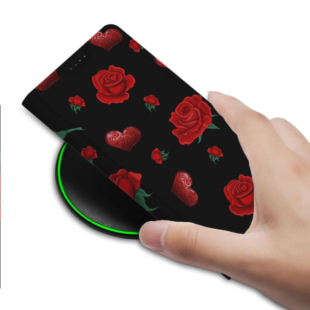 Book Case Google Pixel 10 | Pixel 10 Pro Valentine hoes zwart rozen hartjes aanzicht