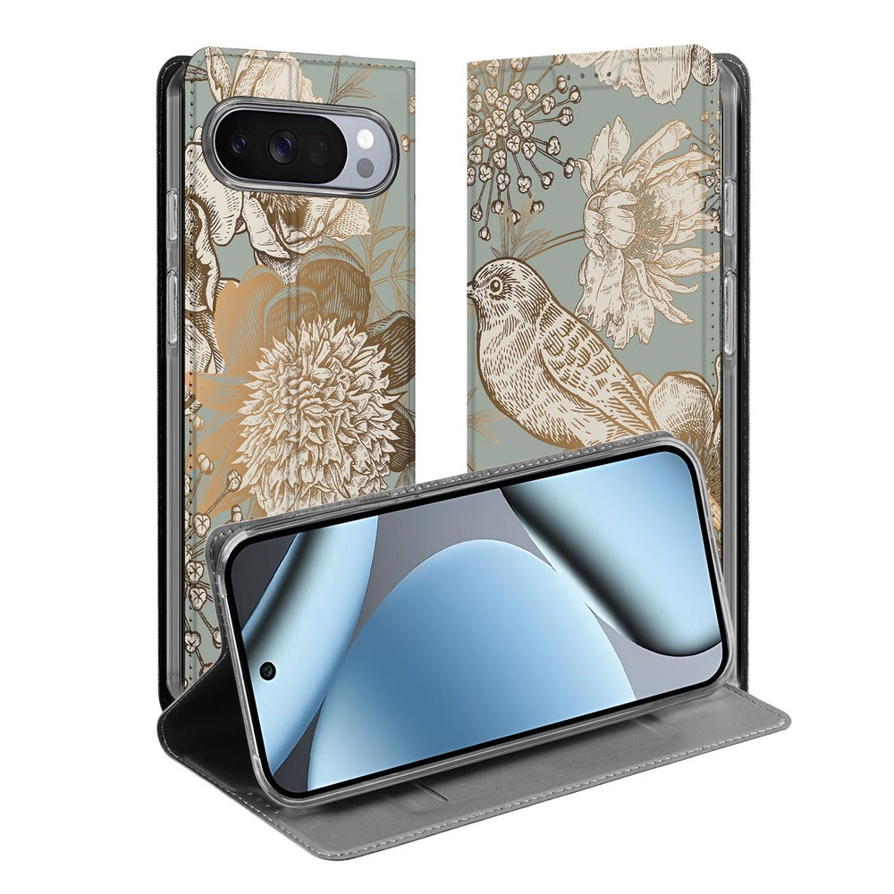 Google Pixel 10 Pro Book Case Vintage Bird Flowers boekcase vintage vogel bloemen teal aanzicht