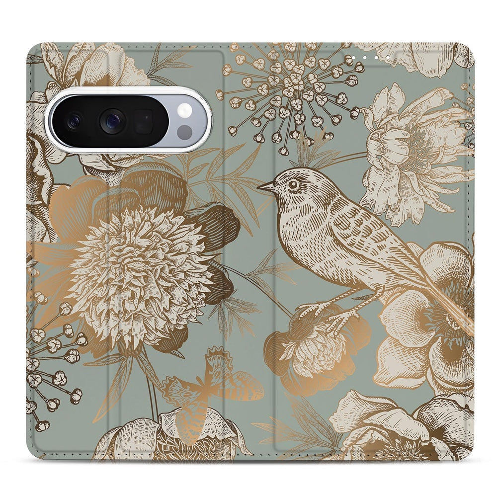 Google Pixel 10 Pro Book Case Vintage Bird Flowers design boekhoes aanzicht