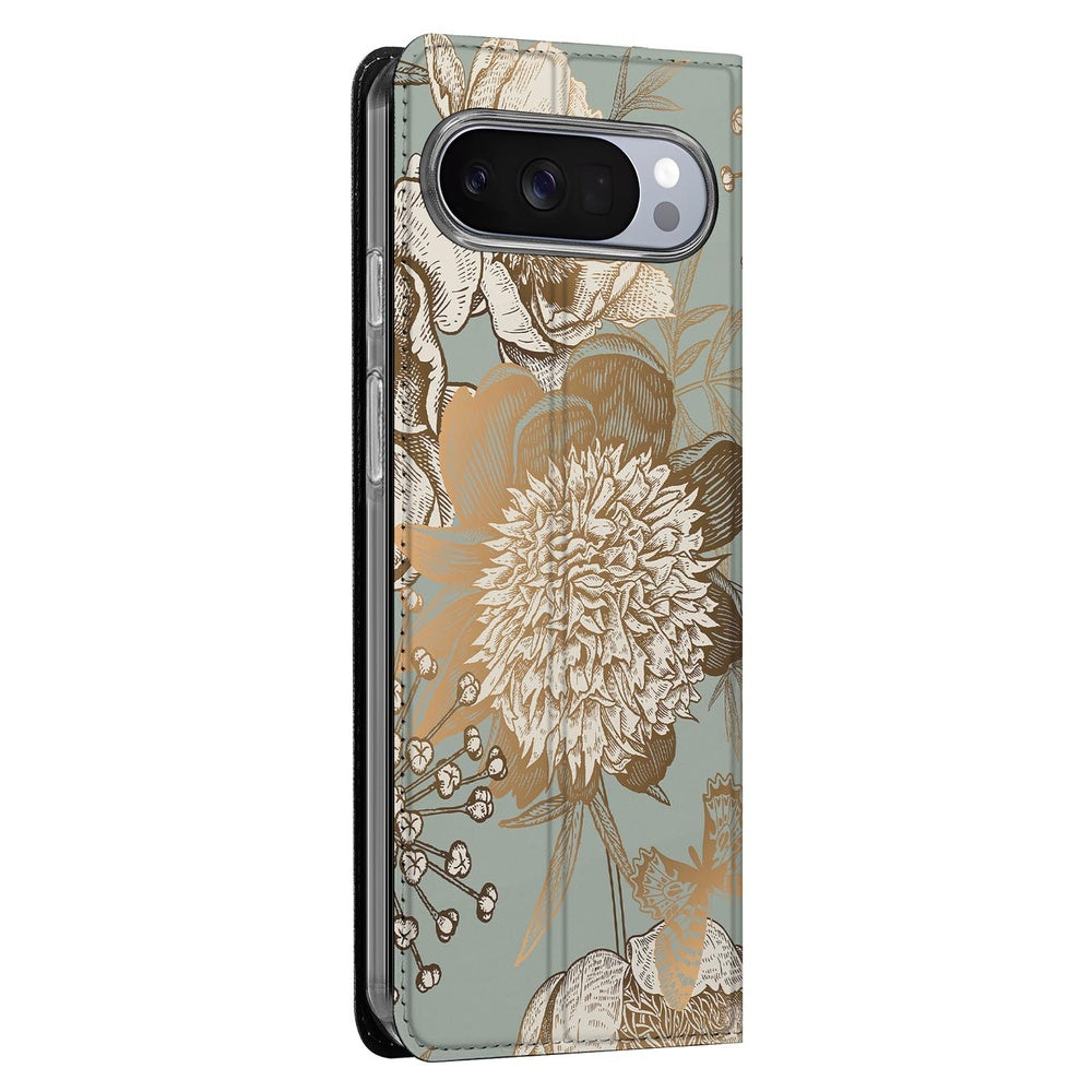 Google Pixel 10 Pro Book Case Vintage Bird Flowers zijkant ontwerp bloemen botanisch