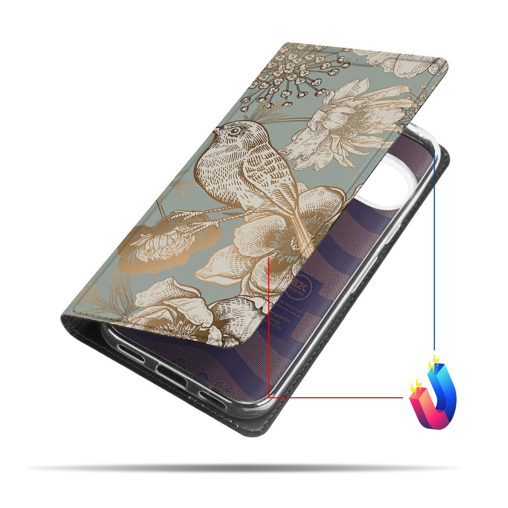 Google Pixel 10 Pro Book Case Vintage Bird Flowers zijaanzicht botanisch ontwerp