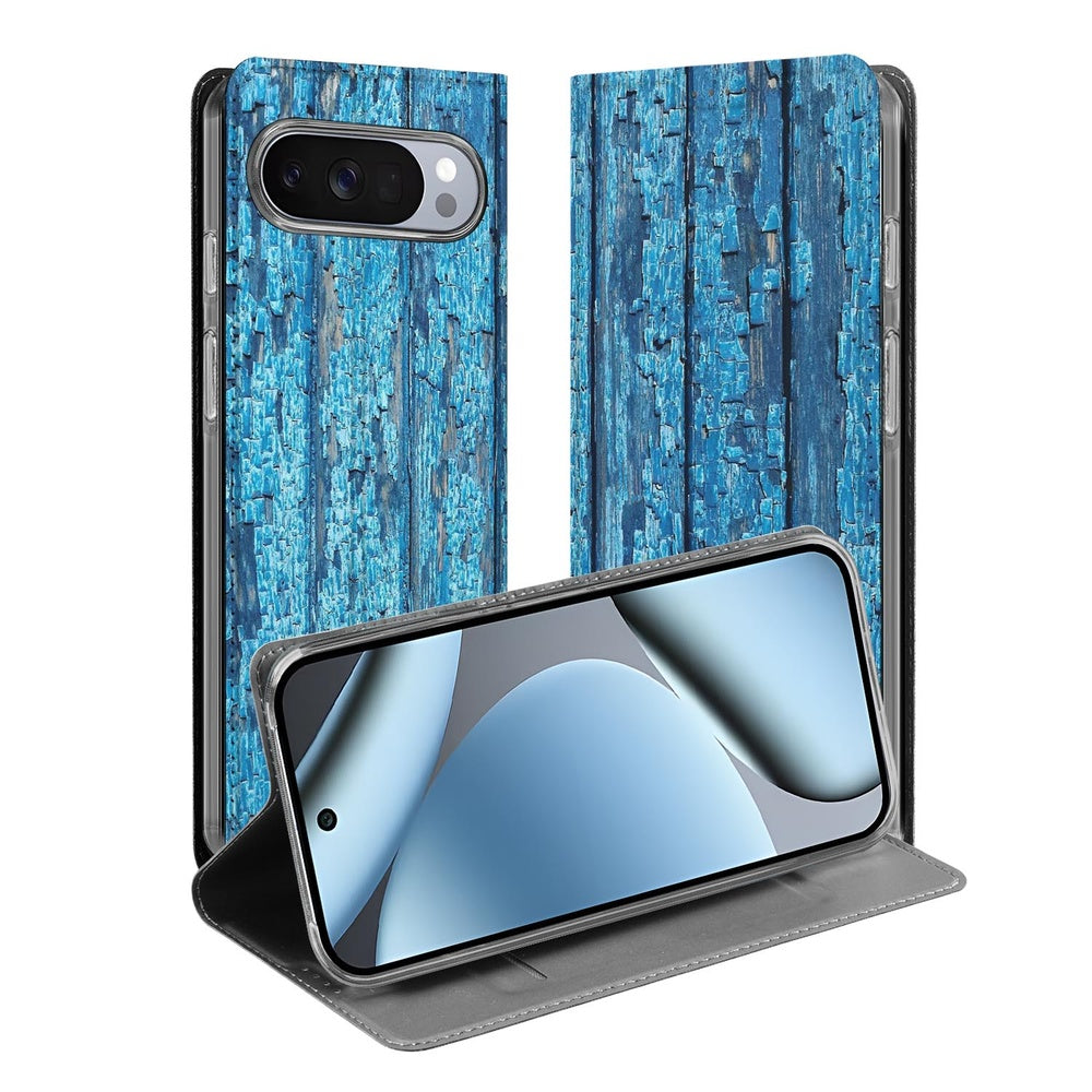 Google Pixel 10 Pro Book Wallet Case Wood Blue bookcase blauw hout aanzicht