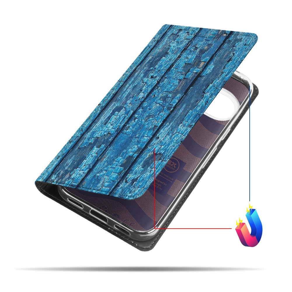 Google Pixel 10 Pro Book Wallet Case Wood Blue blauw hout design aanzicht