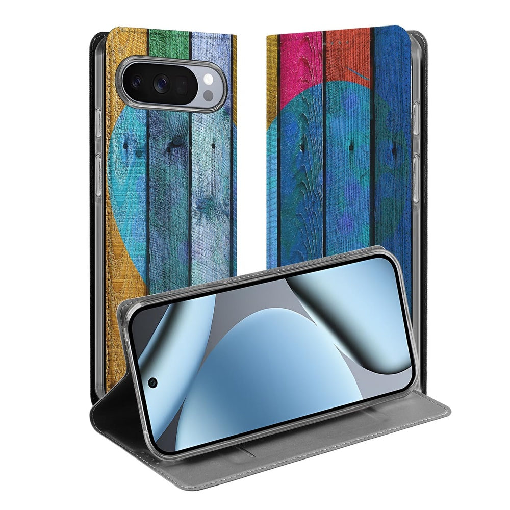 Google Pixel 10 | Pixel 10 Pro Flip Style Cover Wood Heart flip case houtprint hart design aanzicht