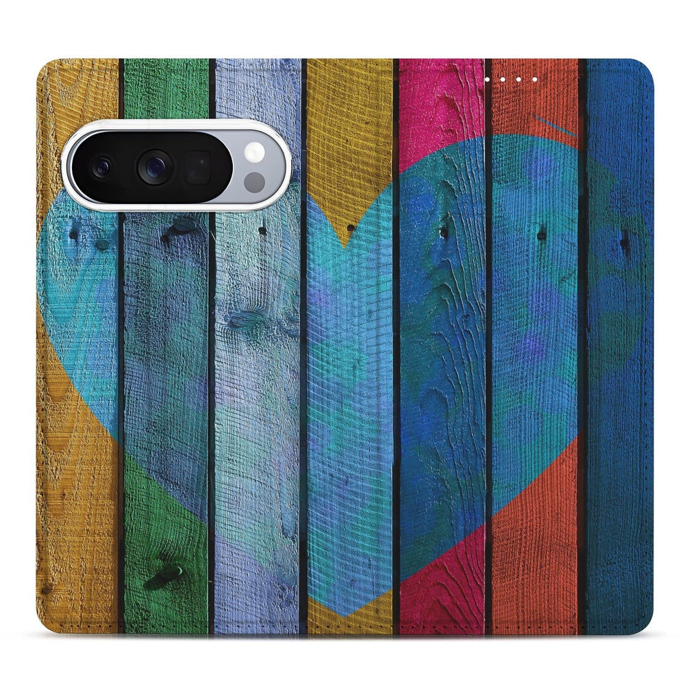 Google Pixel 10 | Pixel 10 Pro Flip Style Cover Wood Heart kleurrijke houtprint hart design aanzicht