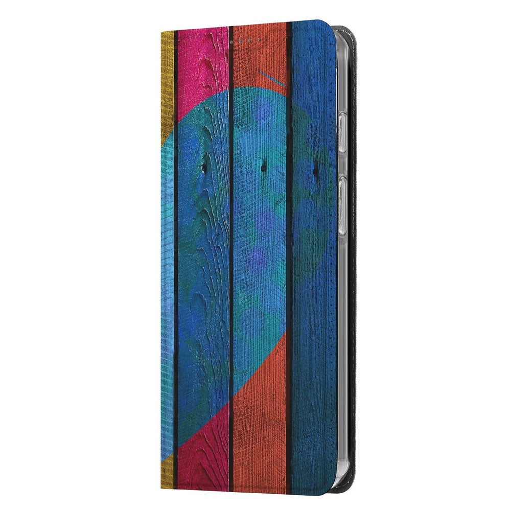Google Pixel 10 | Pixel 10 Pro Flip Style Cover Wood Heart kleurvolle houtprint hart aanzicht
