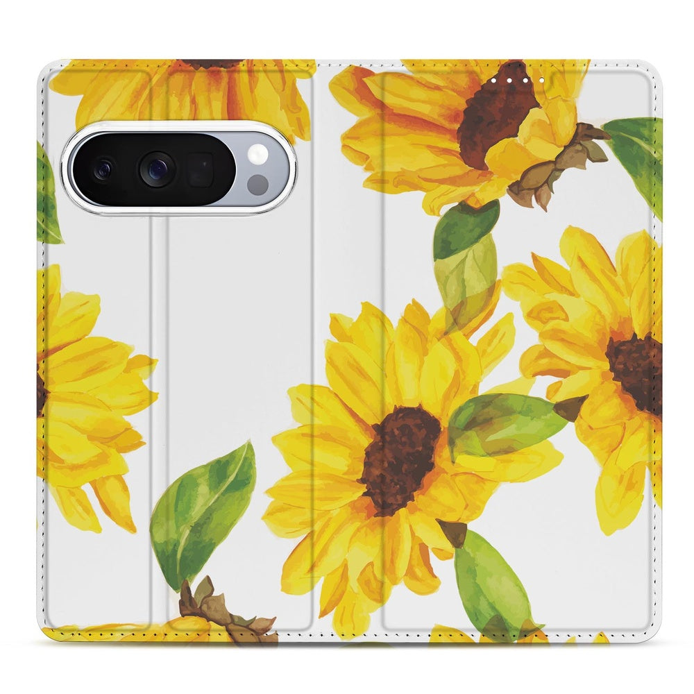 Google Pixel 10 Pro Smart Cover Hoesje Zonnebloemen zonnebloemen design achterkant detail