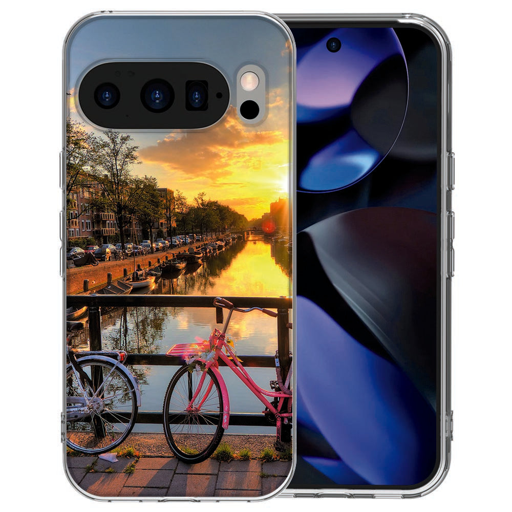 Google Pixel 10 TPU hoesje met Amsterdamse Grachten design in warme aardetinten met blauwgrijze accenten