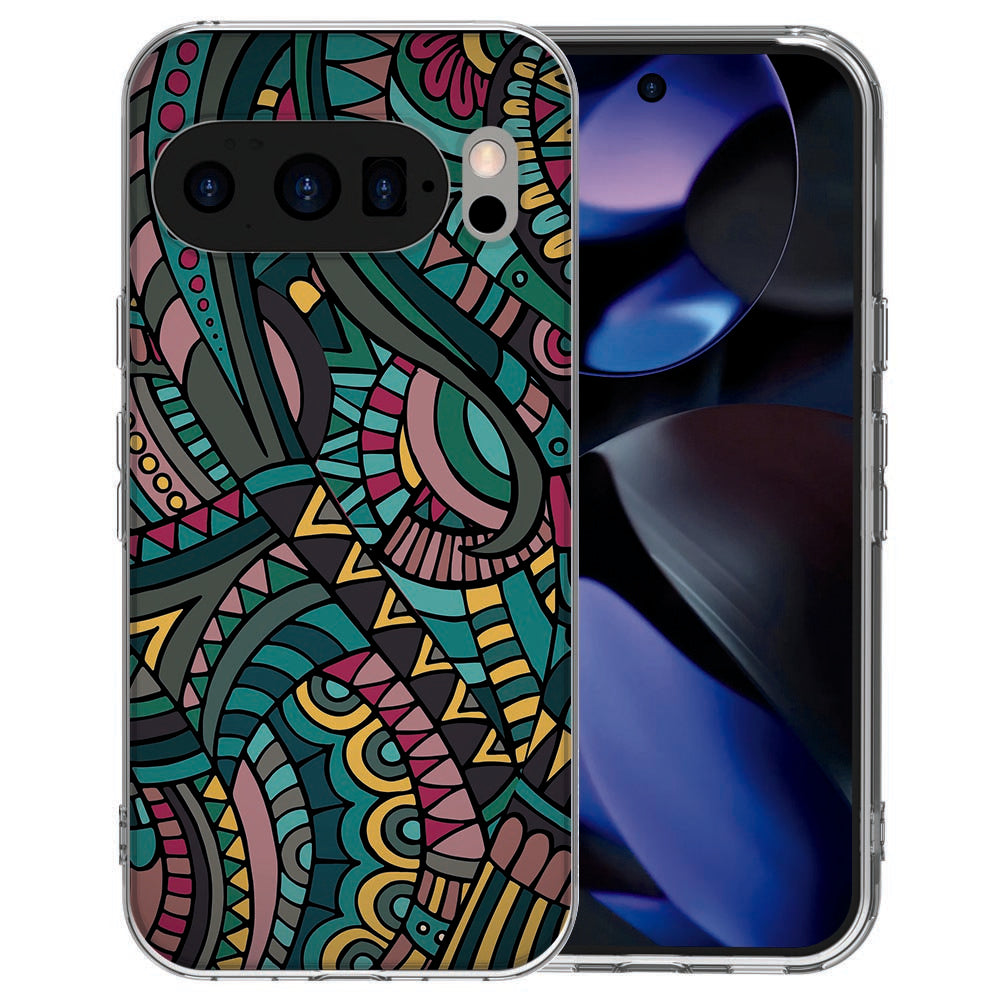 Google Pixel 10 TPU hoesje met Aztec design in warme aardetinten met rood en blauw