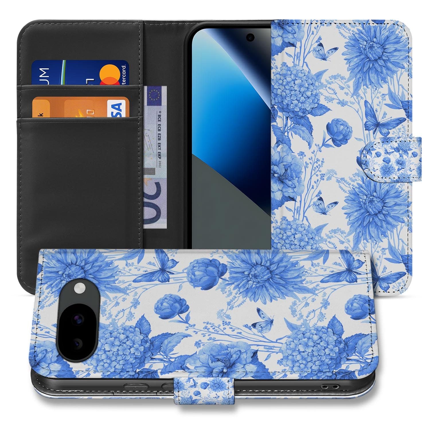 Blauwe Bloemen bookcase hoesje voor de Google Pixel 10a