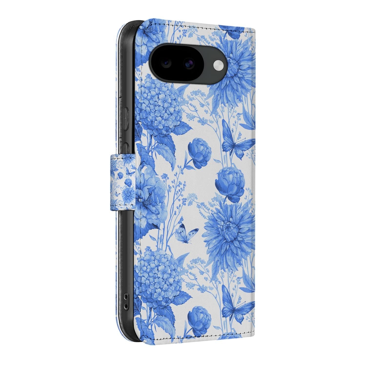 Google Pixel 10a book case hoesje Blauwe Bloemen, met vakken voor pasjes