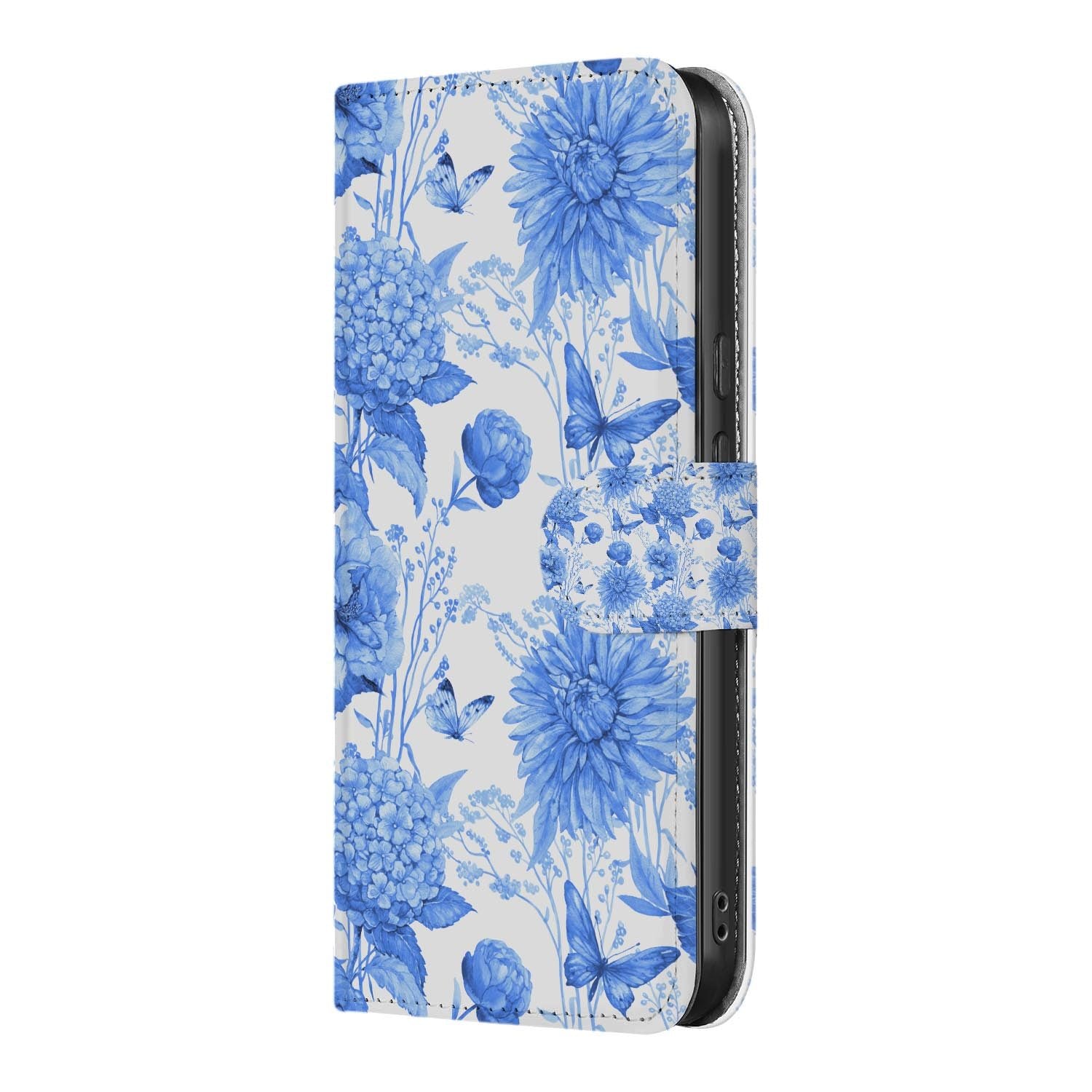 Blauwe Bloemen wallet hoesje voor Google Pixel 10a met pasjeshouder