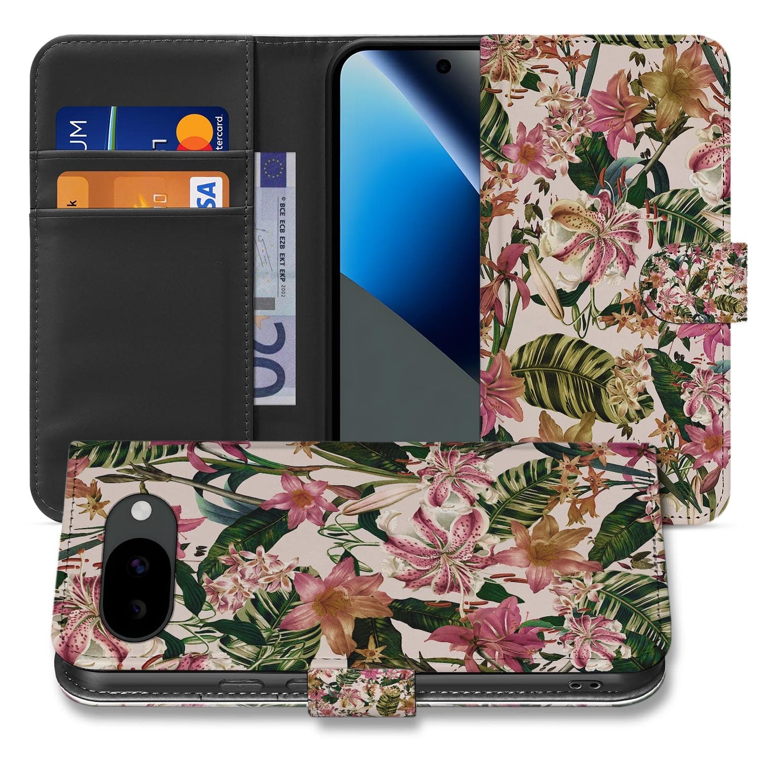 Paars Witte Bloemen bookcase hoesje voor de Google Pixel 10a
