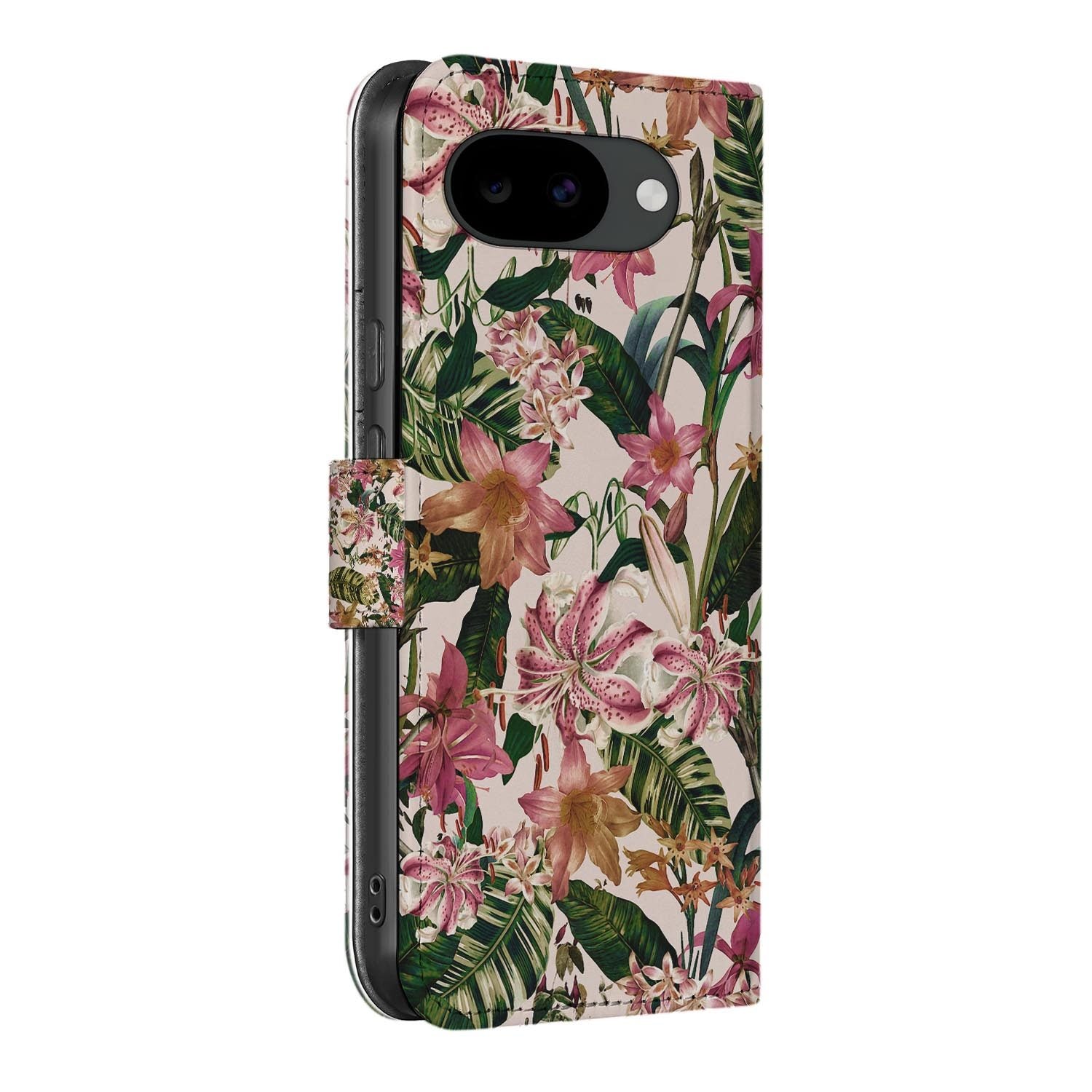 Bookcase hoesje Google Pixel 10a met Paars Witte Bloemen print