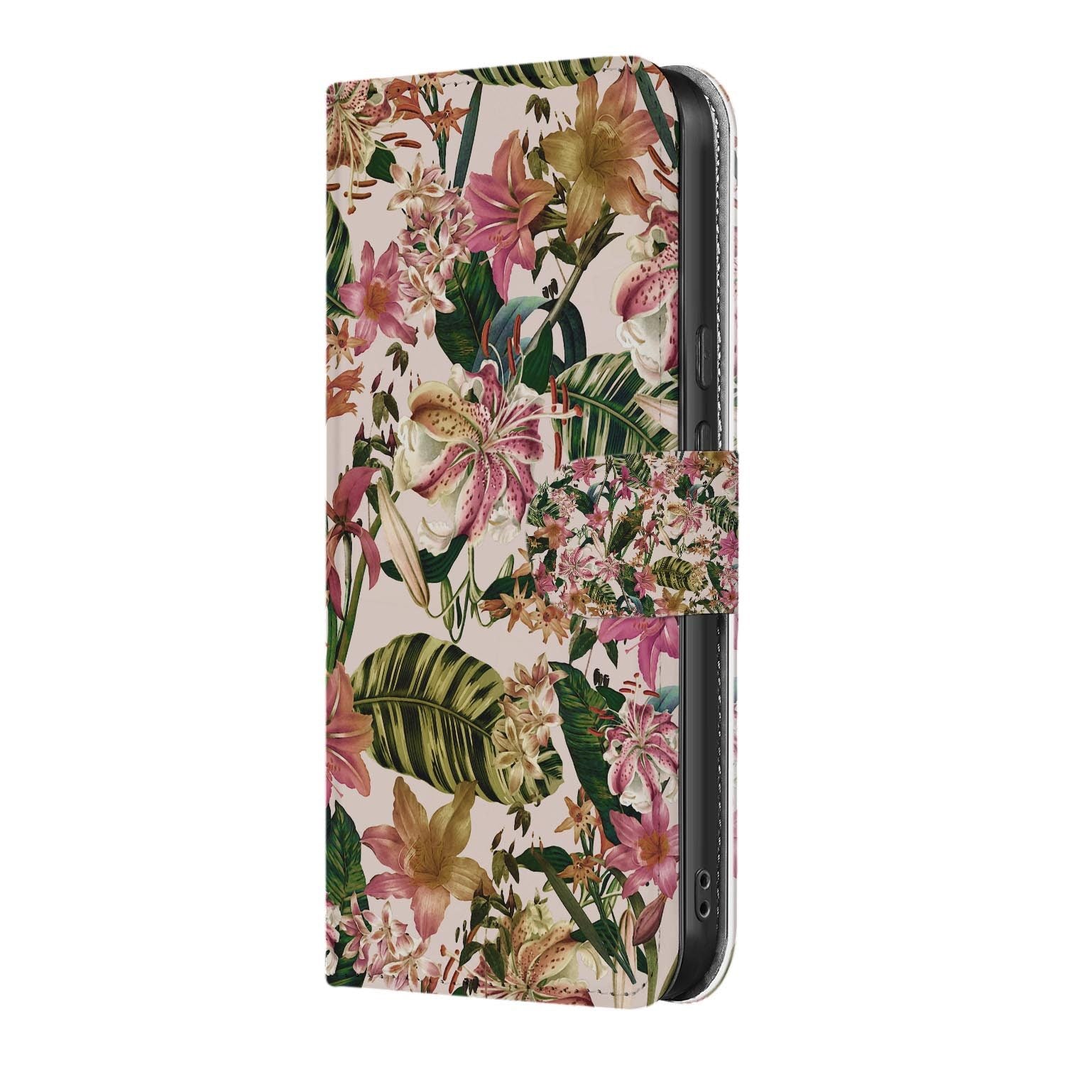 Paars Witte Bloemen wallet hoesje voor Google Pixel 10a met pasjeshouder