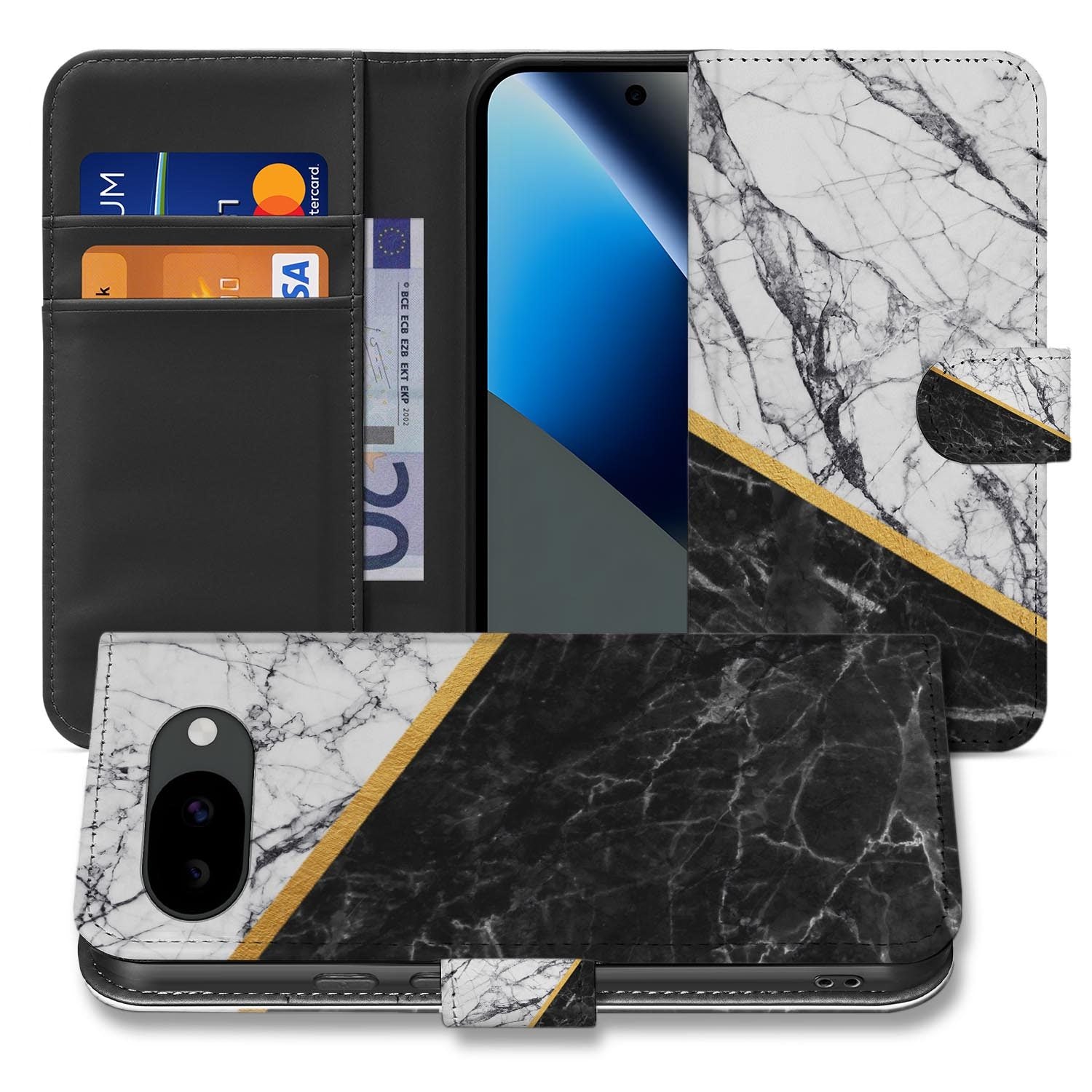 Marmer Wit Zwart bookcase hoesje voor de Google Pixel 10a