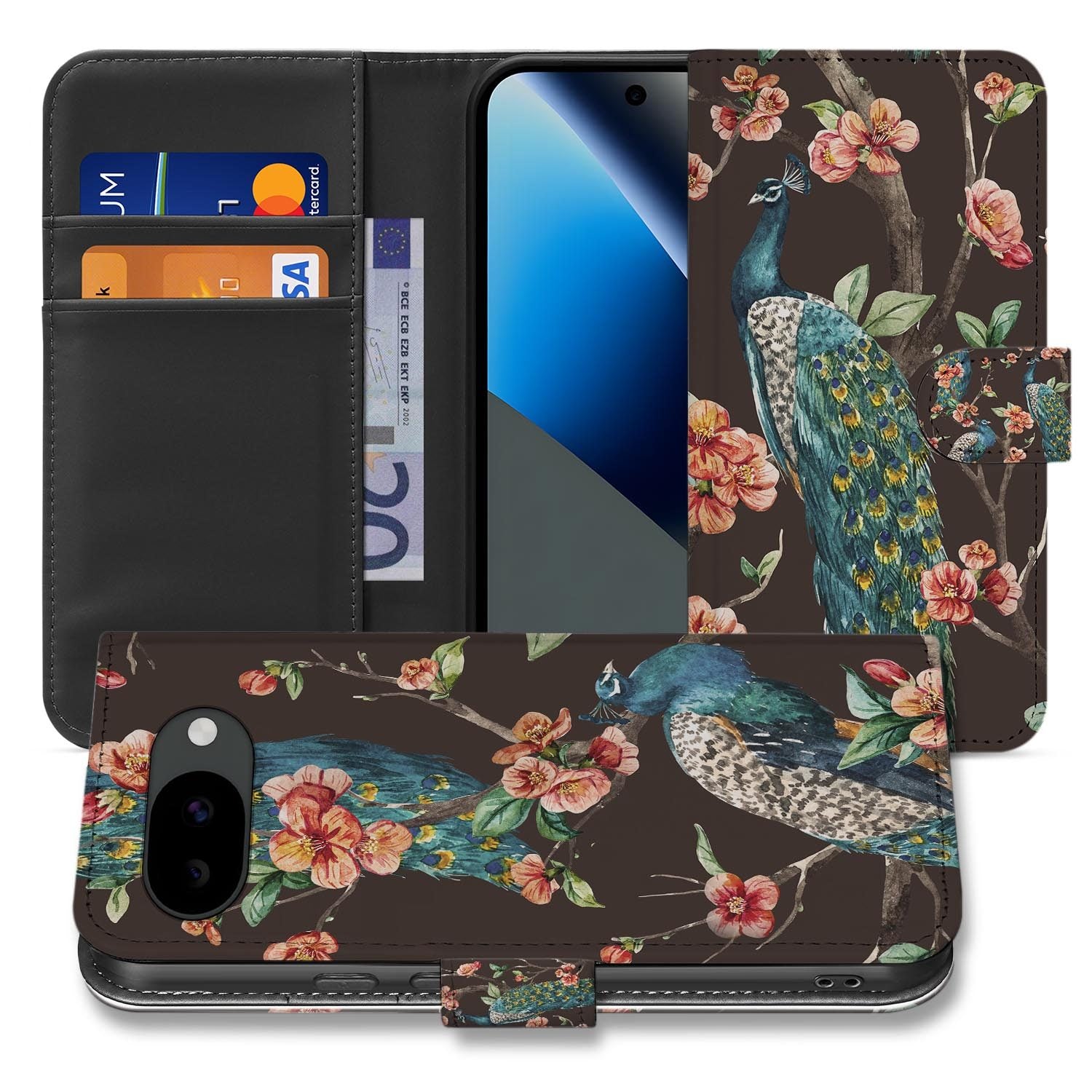 Pauw met Bloemen bookcase hoesje voor de Google Pixel 10a
