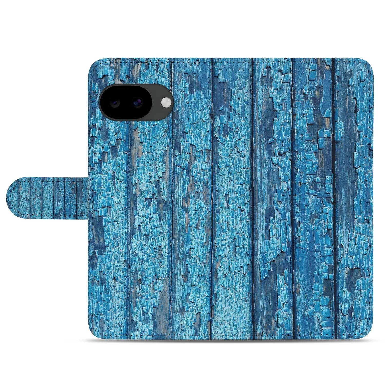 Google Pixel 10a portemonnee hoesje met Afgebladderd Blauw Hout design