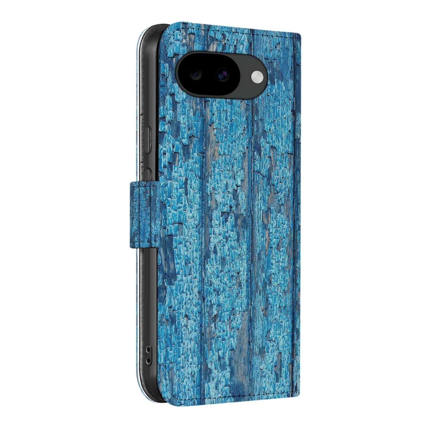 Bookcase hoesje Google Pixel 10a met Afgebladderd Blauw Hout print