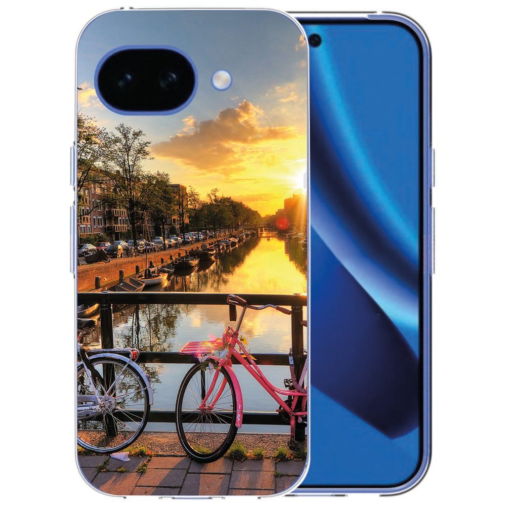 Google Pixel 10a TPU hoesje met Amsterdamse Grachten-print, achterkant met grachtenpanden