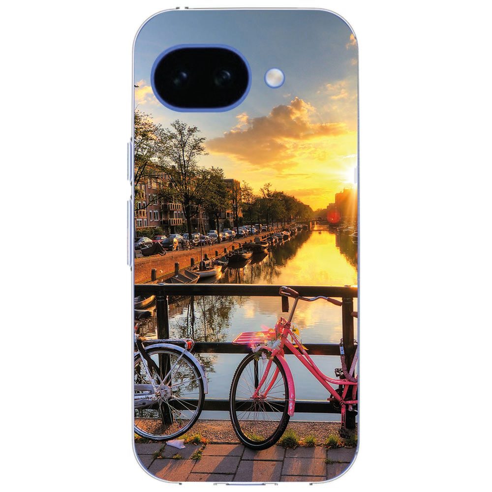 Detail van de grachtenpanden-print op het Amsterdamse Grachten hoesje voor de Google Pixel 10a