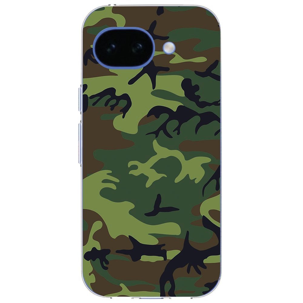 Google Pixel 10a in het Army Dark hoesje, schuin aanzicht met verhoogde camerarand