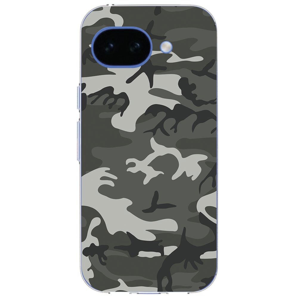 Achterkant van de Google Pixel 10a met Army Light camouflagehoesje, liggend weergegeven