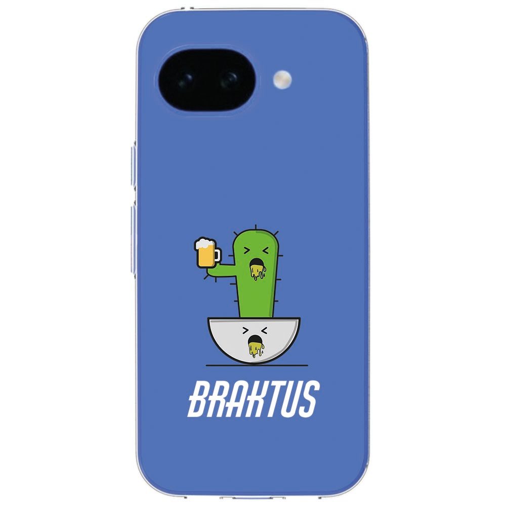 Google Pixel 10a met Braktus hoesje schuin gezien, detail van de geprinte cactus