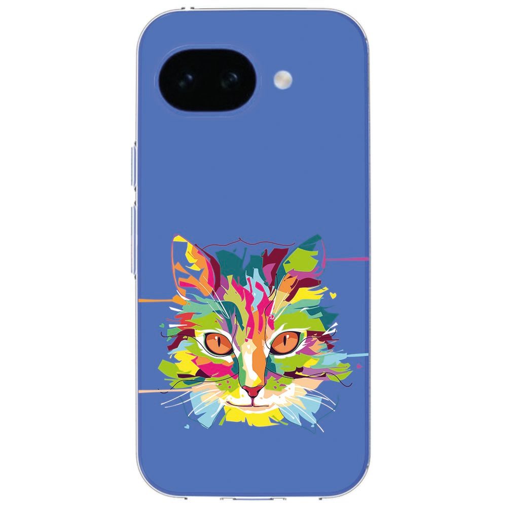 Google Pixel 10a in het Cat Color hoesje, schuin aanzicht met zicht op de transparante zijkant