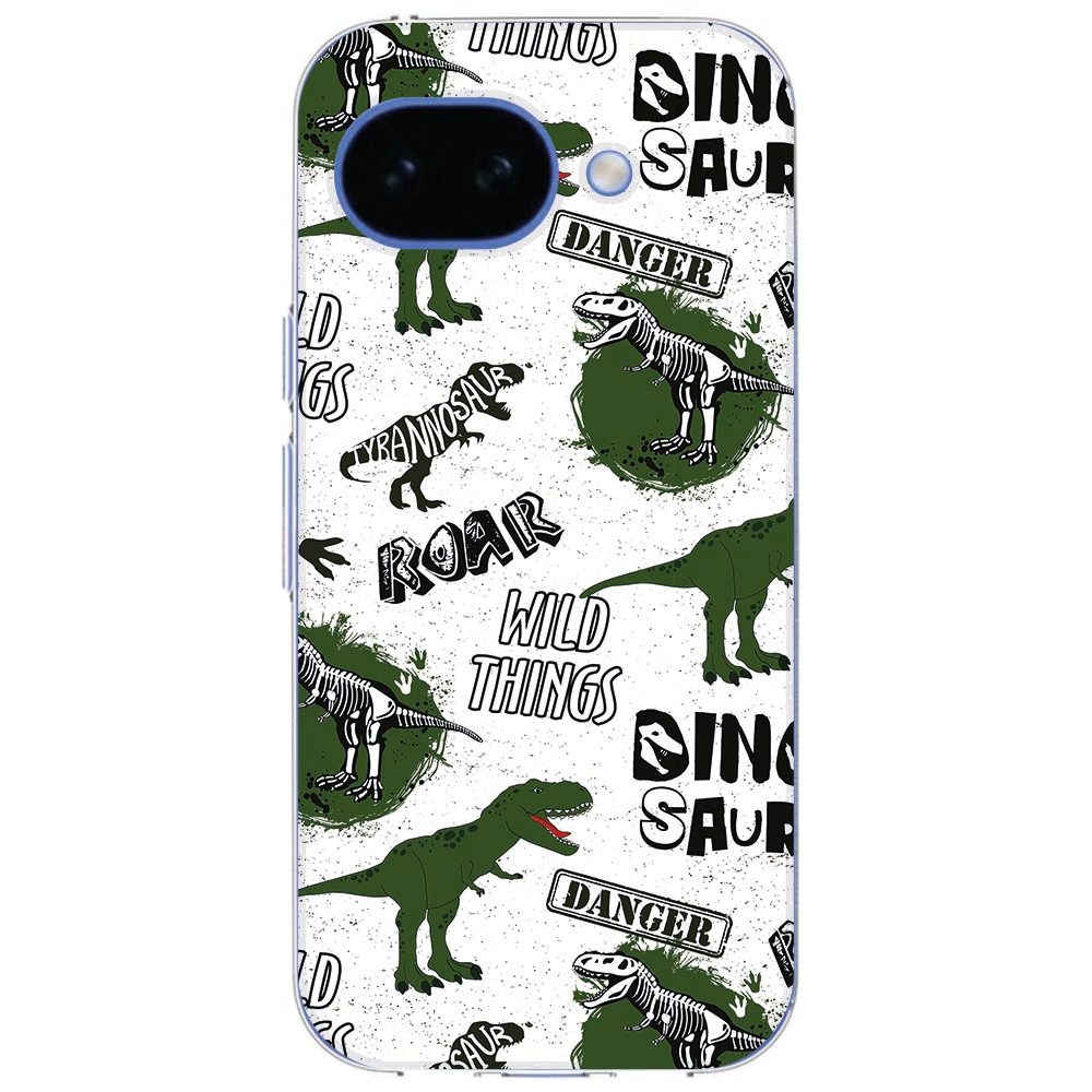 Schuin aanzicht van de Google Pixel 10a met Dinosaurus hoesje en verhoogde schermrand