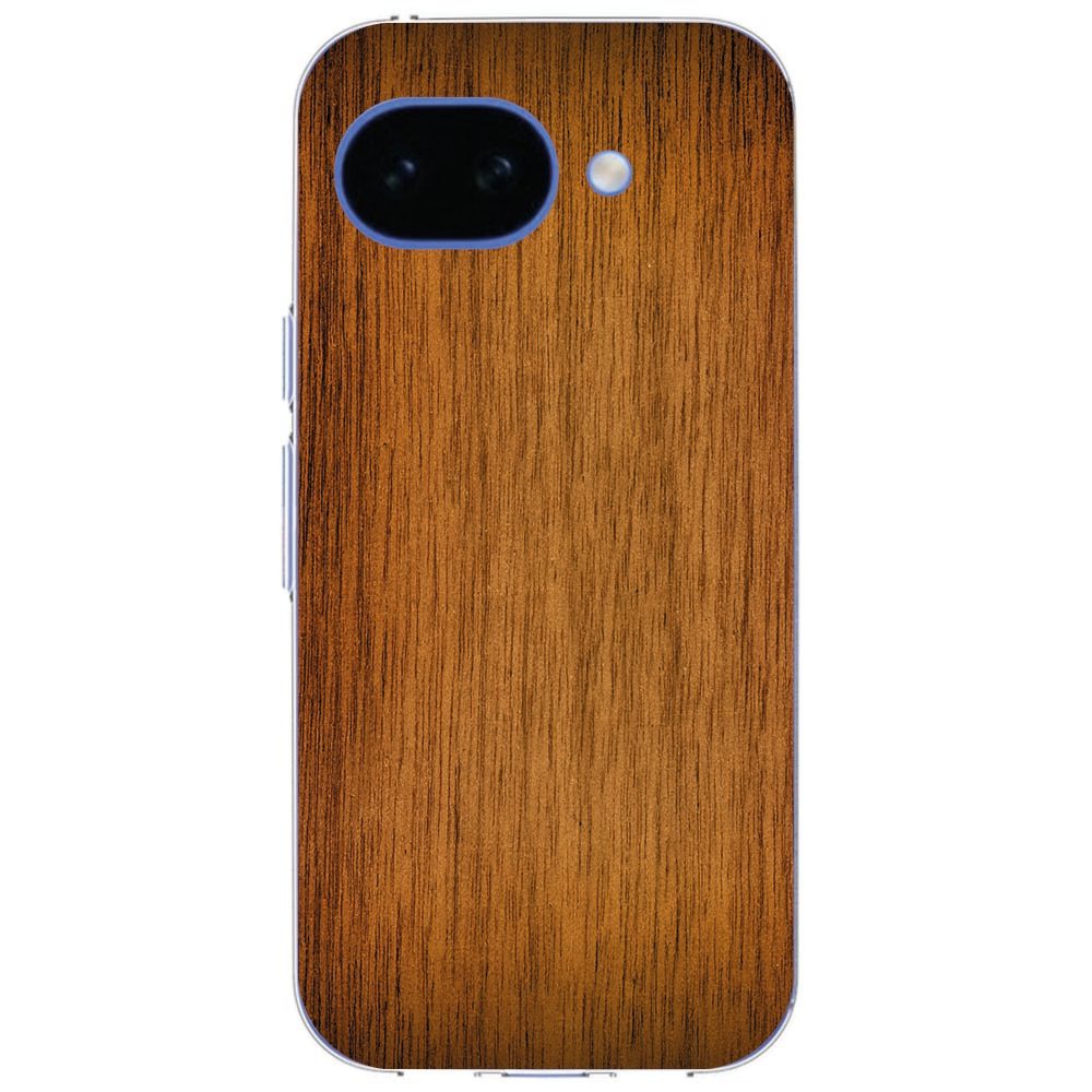 Google Pixel 10a met Donker Hout hoesje van opzij, detail van de houtnerf-print