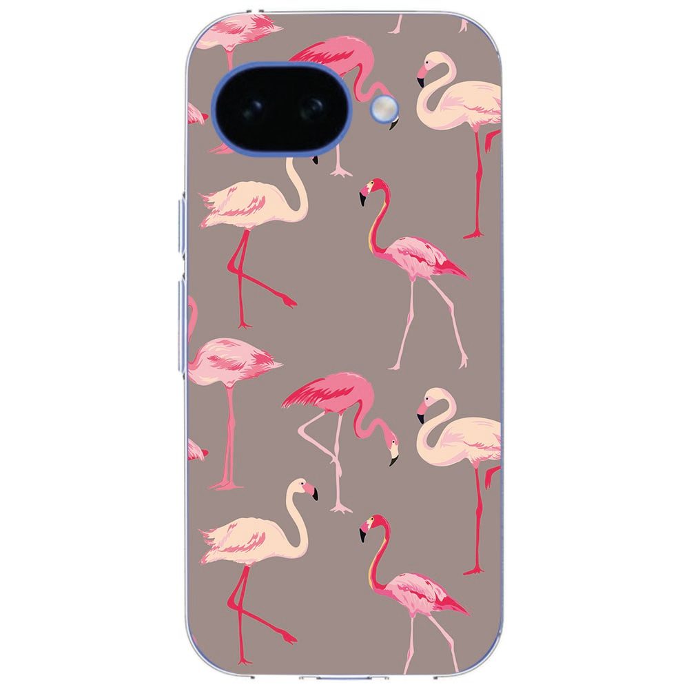Google Pixel 10a hoesje Flamingo schuin gezien, met transparante zijkant en camerarand