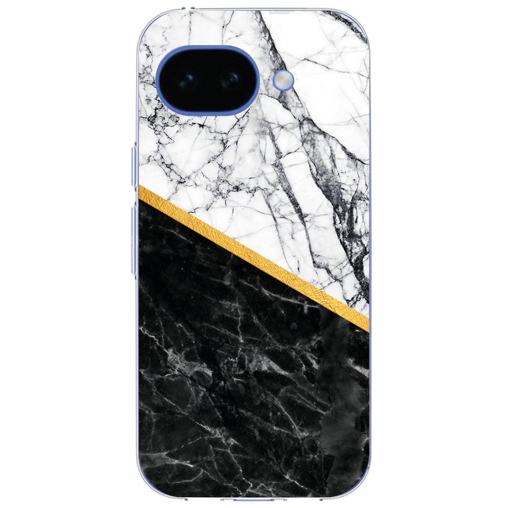 Google Pixel 10a hoesje met Marble White Black marmerprint, schuin in beeld