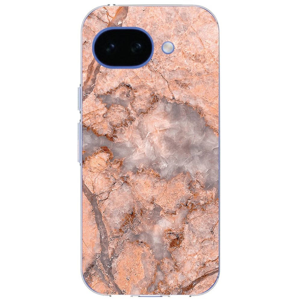 Zijaanzicht van de Google Pixel 10a met het Marmer Oranje softcase hoesje